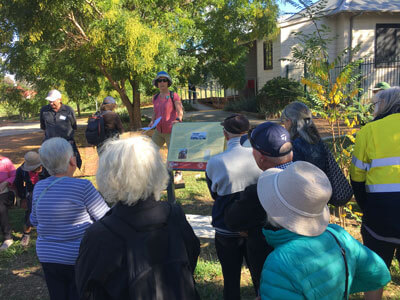A walking group gathered around the Lyneham walk trail sign. They are watching a tour guide presenting.